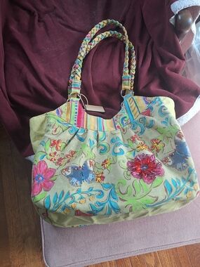 Boho Embroidered Floral Tote Bag in Green